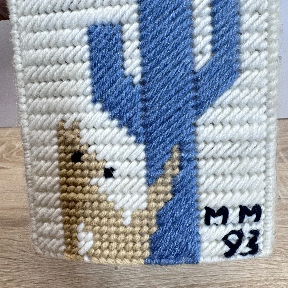 Vintage Cross Stitch Tissue Box Cover Square Vertical Coyote & Saguaro Southwest